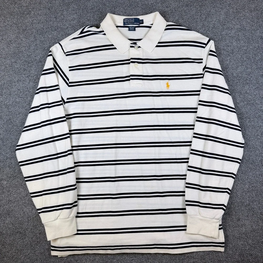 Vintage Polo Ralph Lauren Rugby Shirt Mens XL White Black Striped Pony 90s